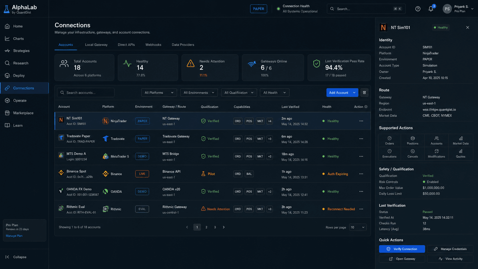 AlphaLab broker and account connections